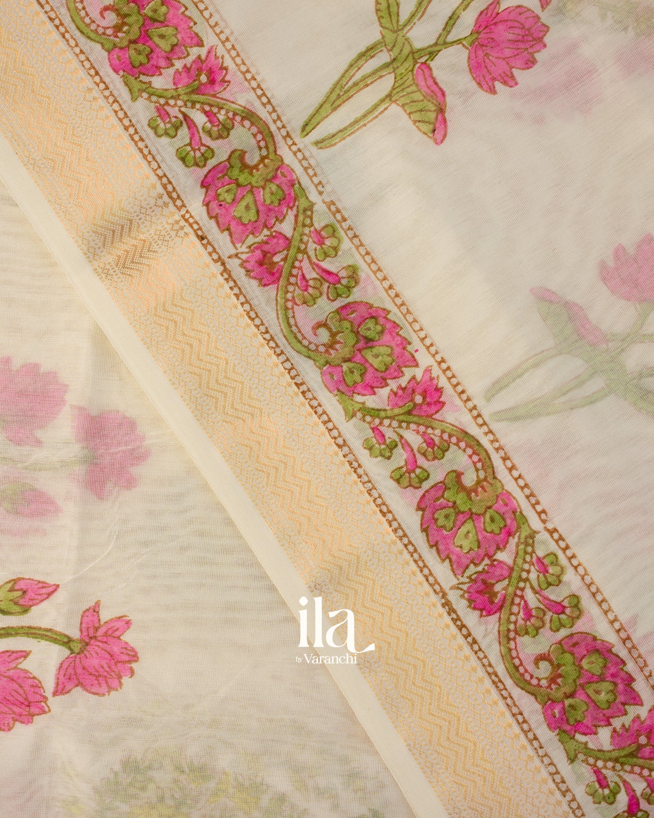 Ivory Floral Printed Maheshwari Silk Cotton Saree