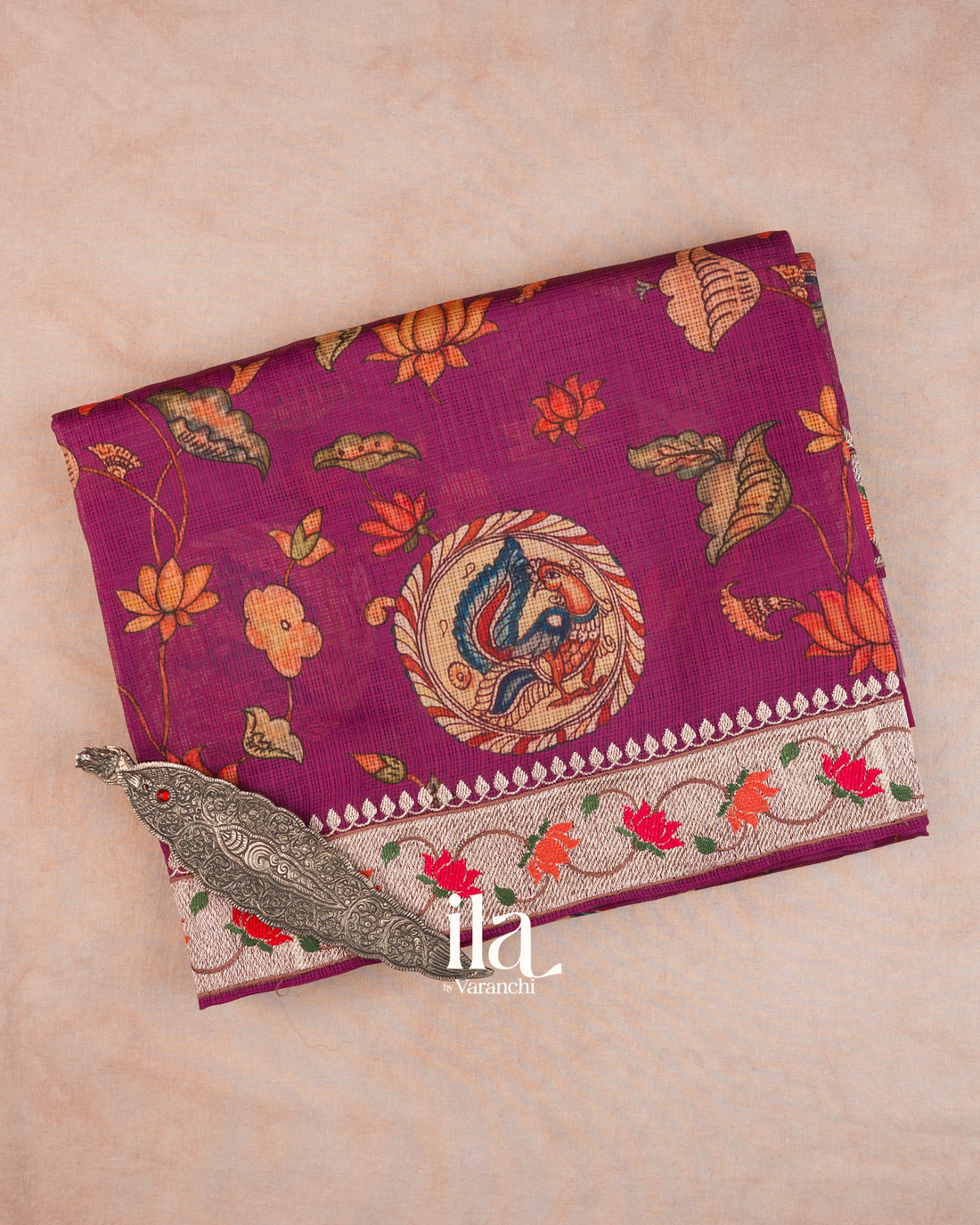Deep Magenta Digital Printed Semi Kota Saree