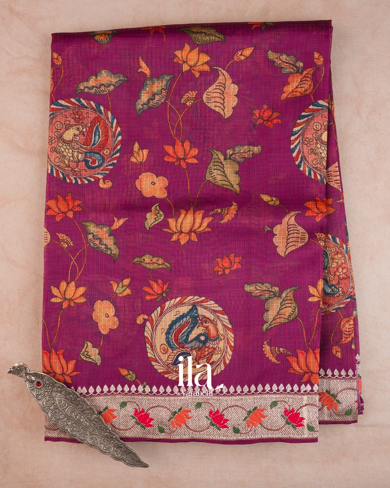 Deep Magenta Digital Printed Semi Kota Saree
