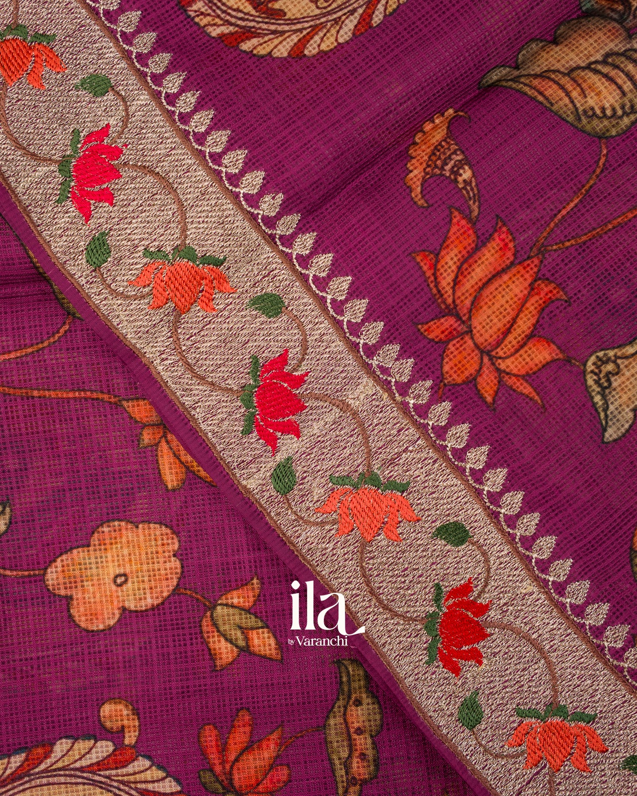 Deep Magenta Digital Printed Semi Kota Saree