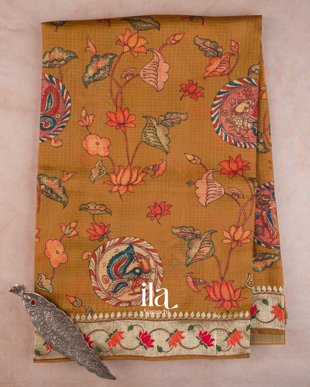 Mustard Yellow Digital Printed Semi Kota Saree