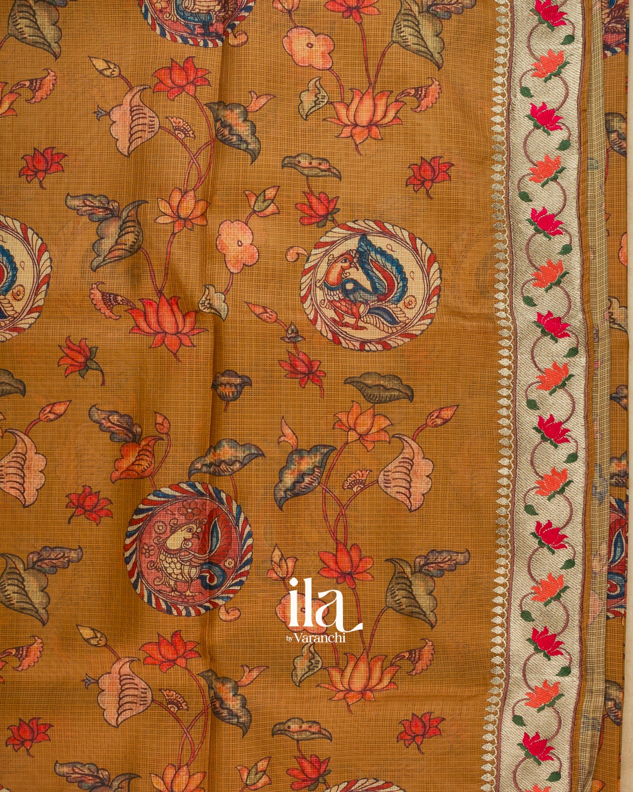 Mustard Yellow Digital Printed Semi Kota Saree