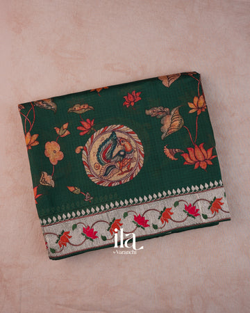 Bottle Green Kalamkari Printed Semi Kota Silk Saree