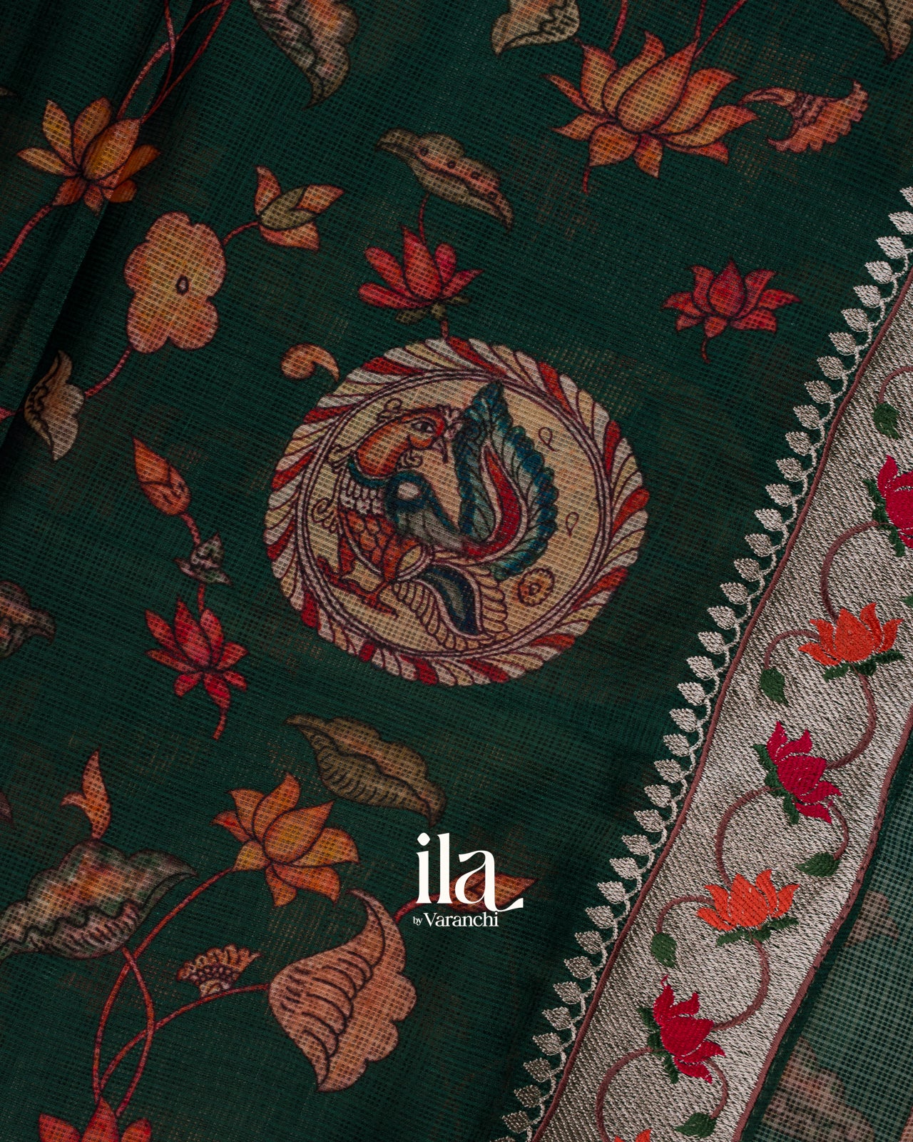Bottle Green Digital Printed Semi Kota Saree