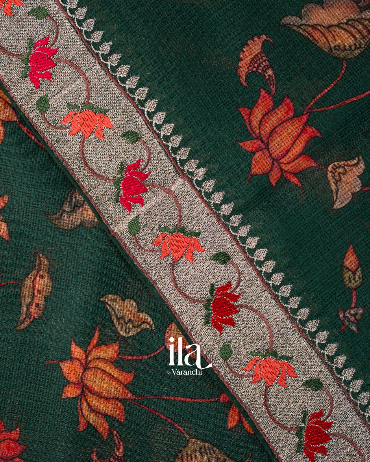 Bottle Green Digital Printed Semi Kota Saree