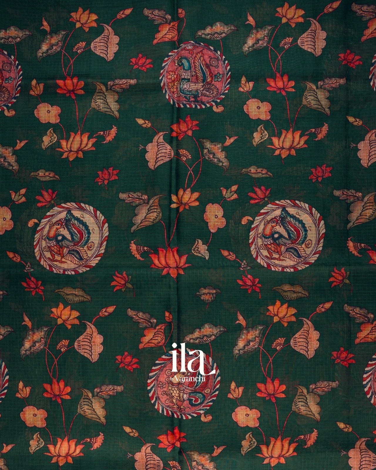 Bottle Green Digital Printed Semi Kota Saree