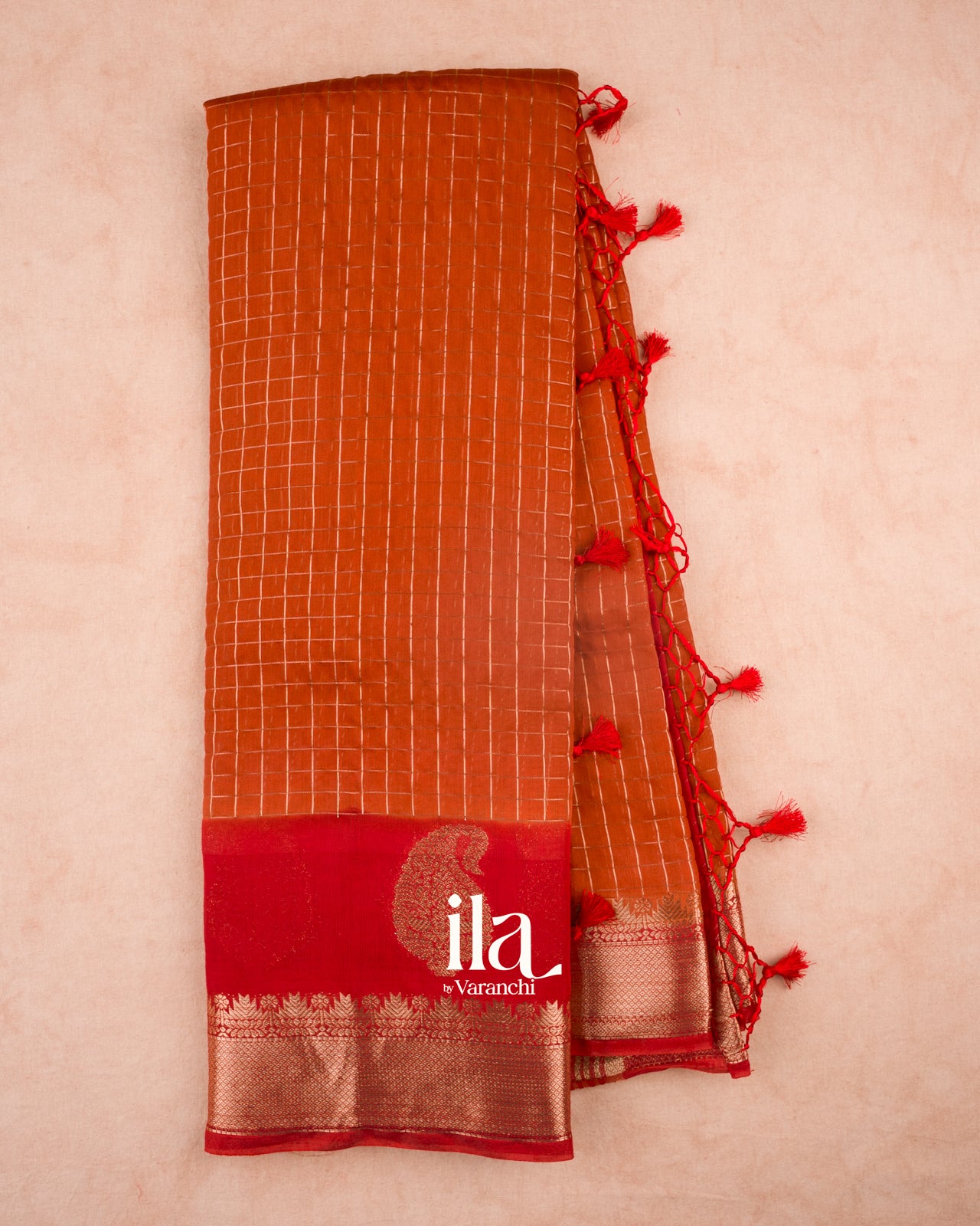 Rust Orange Checked Assam Silk Saree