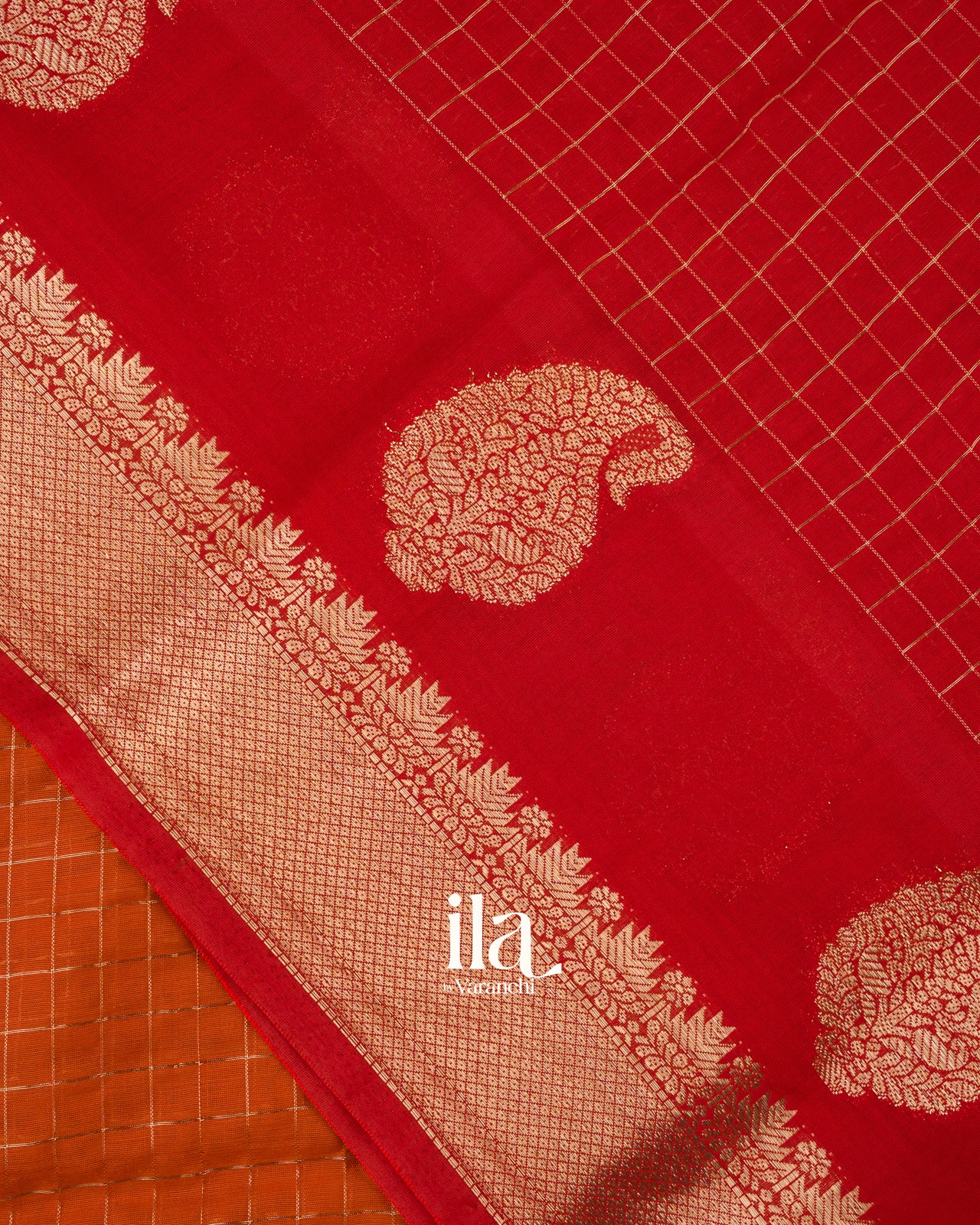 Rust Orange Checked Assam Silk Saree