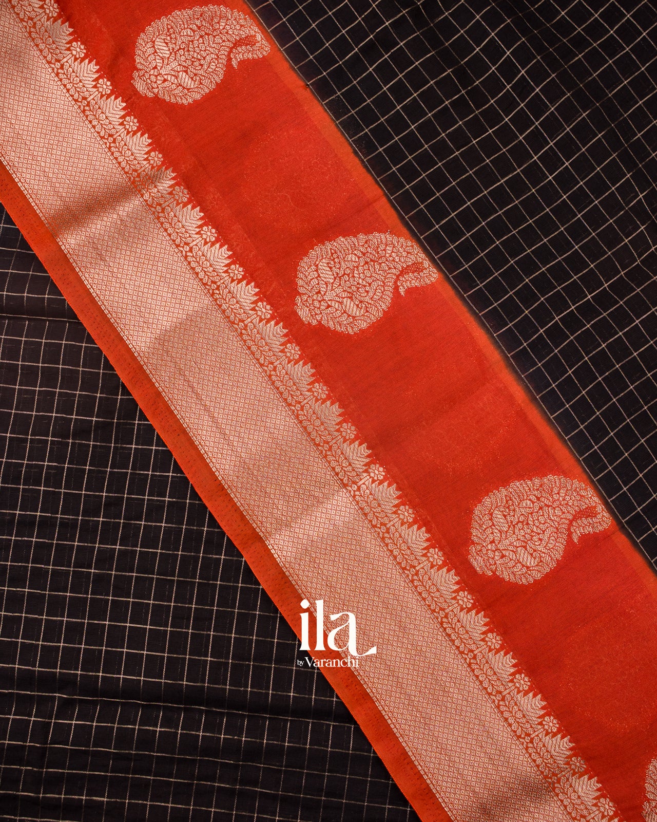 Jet Black Checkered Assam Silk Saree
