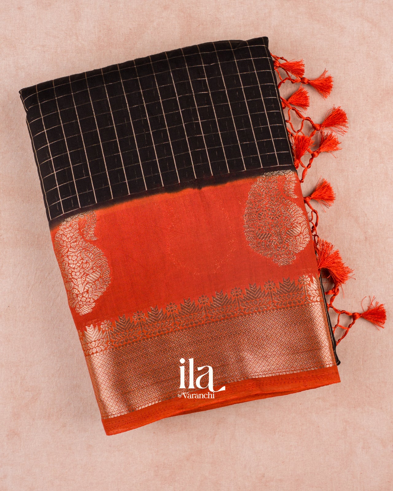 Jet Black Checkered Assam Silk Saree