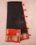Jet Black Checkered Assam Silk Saree