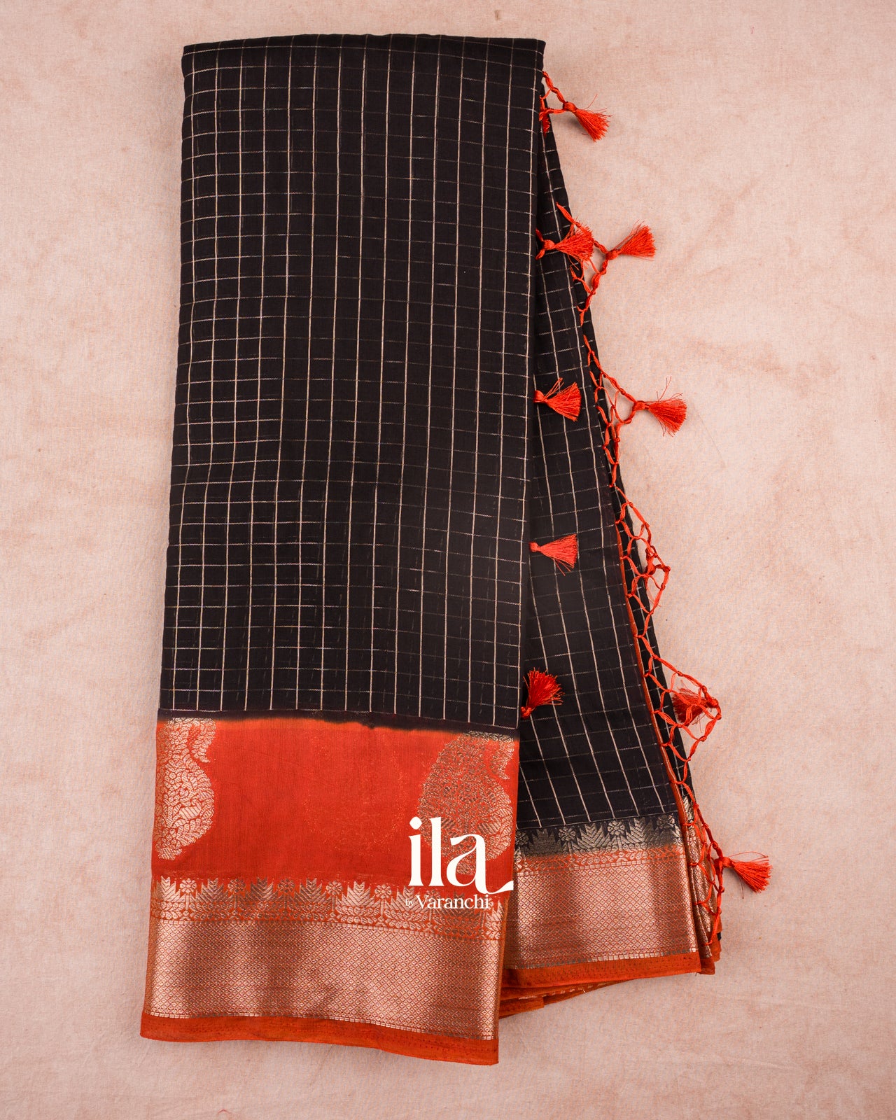 Jet Black Checkered Assam Silk Saree