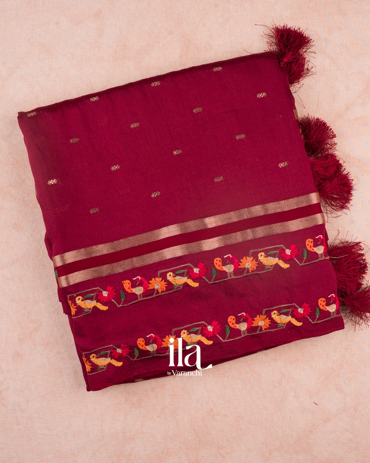 Maroon Bird Embroidered Assam Silk Saree
