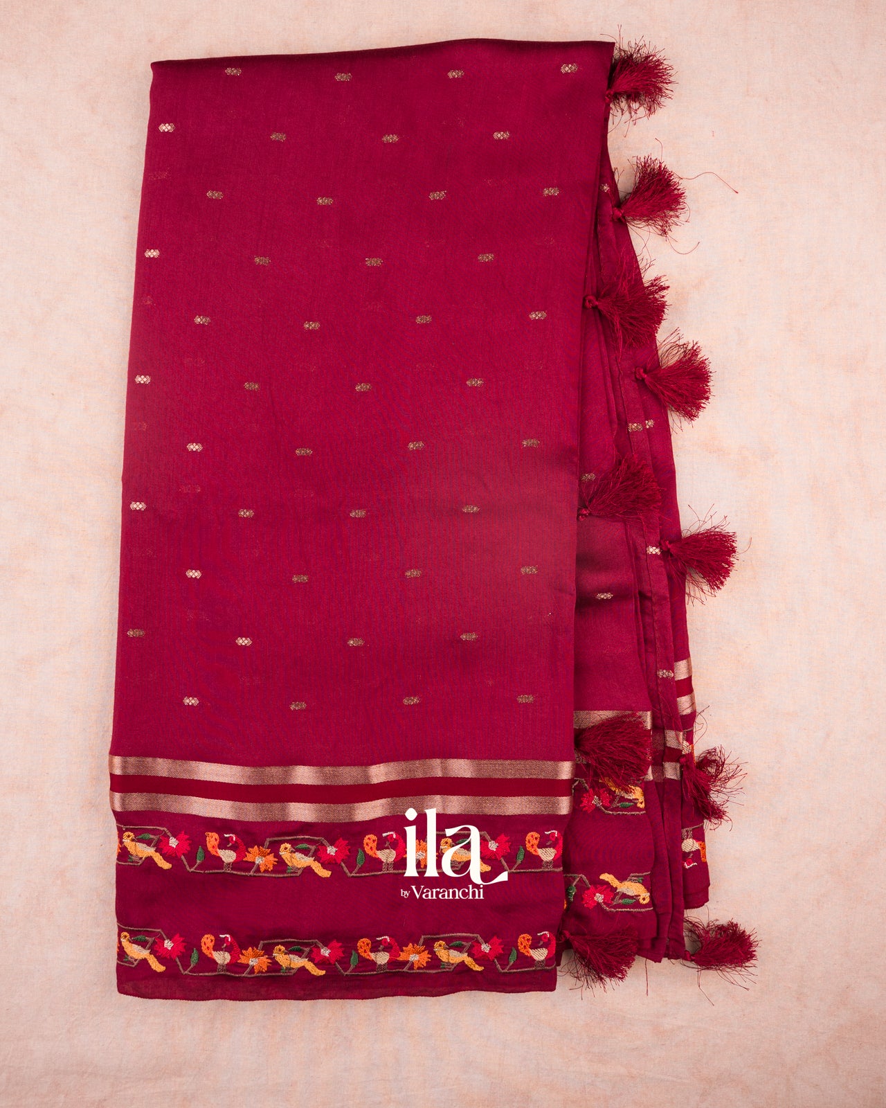 Maroon Bird Embroidered Assam Silk Saree