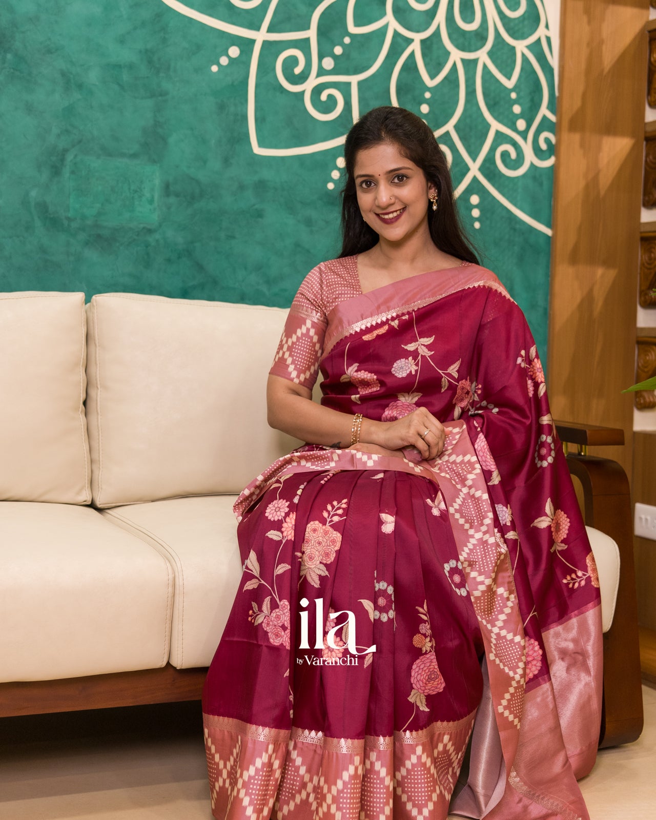Wine Red Digital Floral Printed Semi Satin Saree