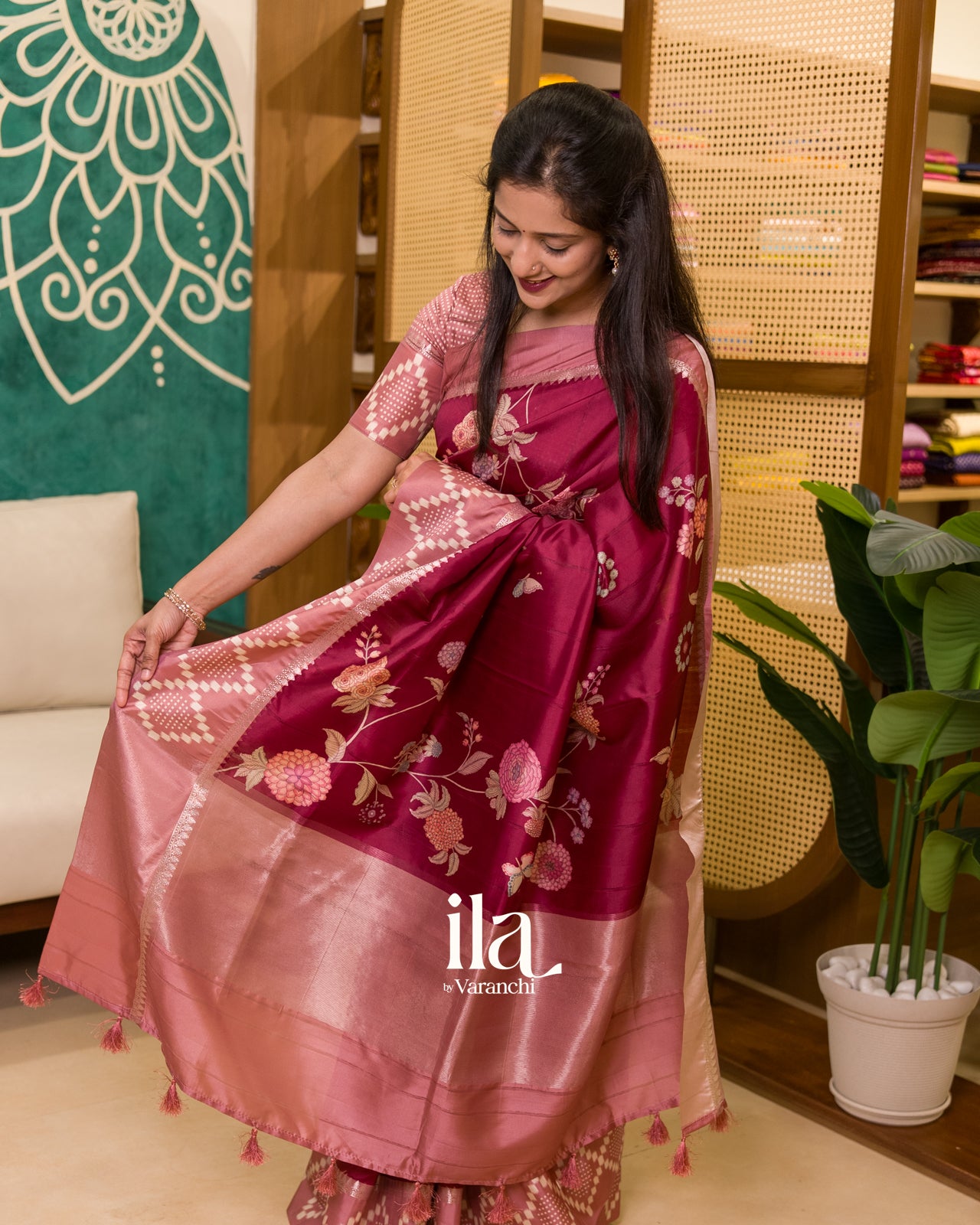 Wine Red Digital Floral Printed Semi Satin Saree