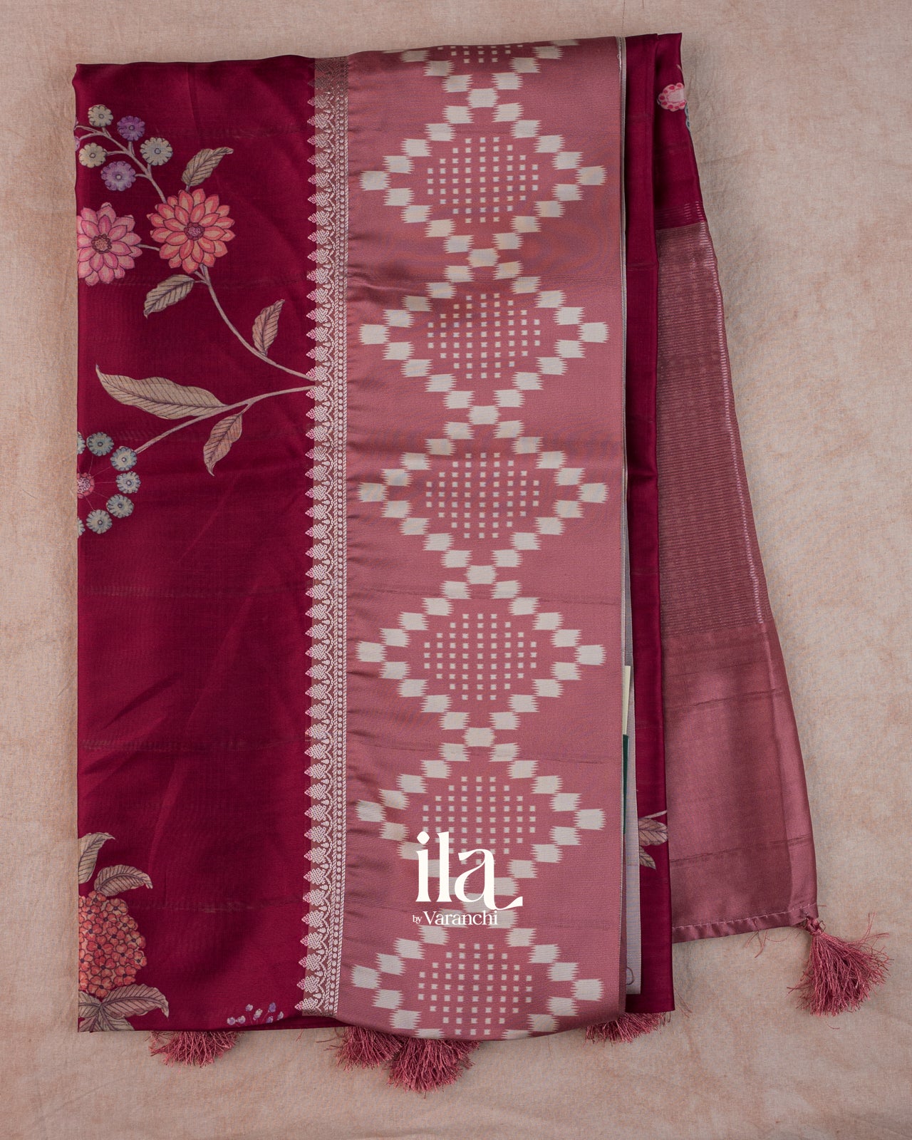 Wine Red Digital Floral Printed Semi Satin Saree