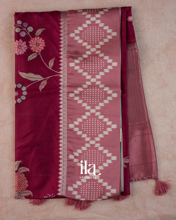 Wine Red Digital Floral Printed Semi Satin Saree