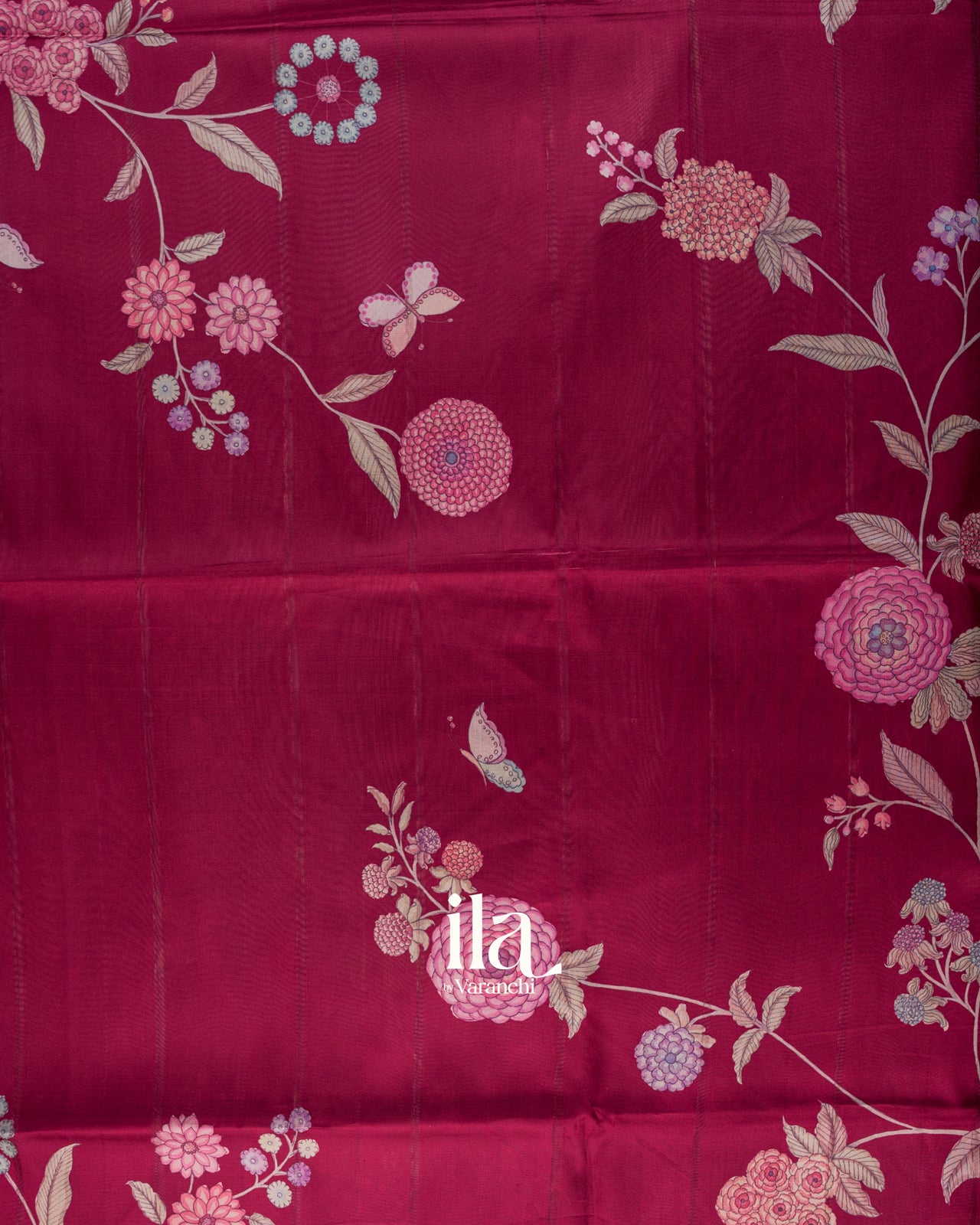 Wine Red Digital Floral Printed Semi Satin Saree