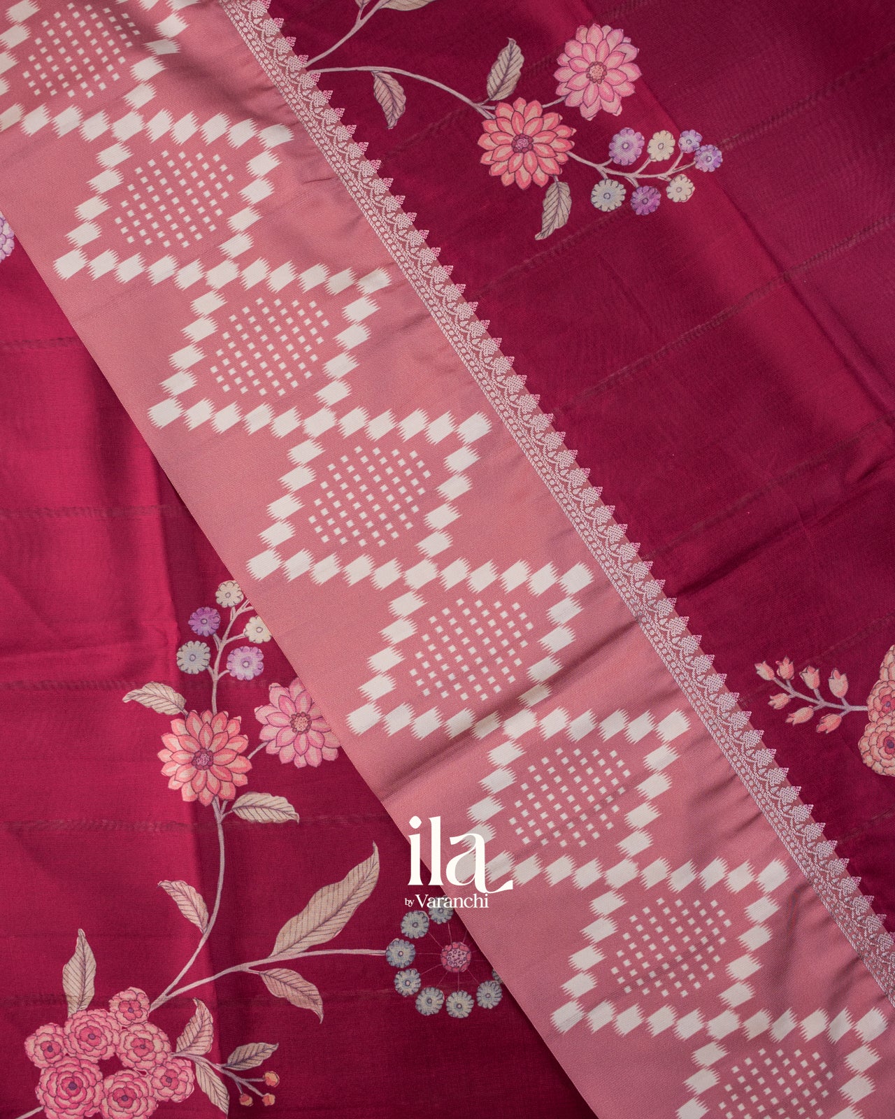 Wine Red Digital Floral Printed Semi Satin Saree