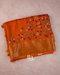 Burnt Orange Floral Embroidery Dola Silk Saree