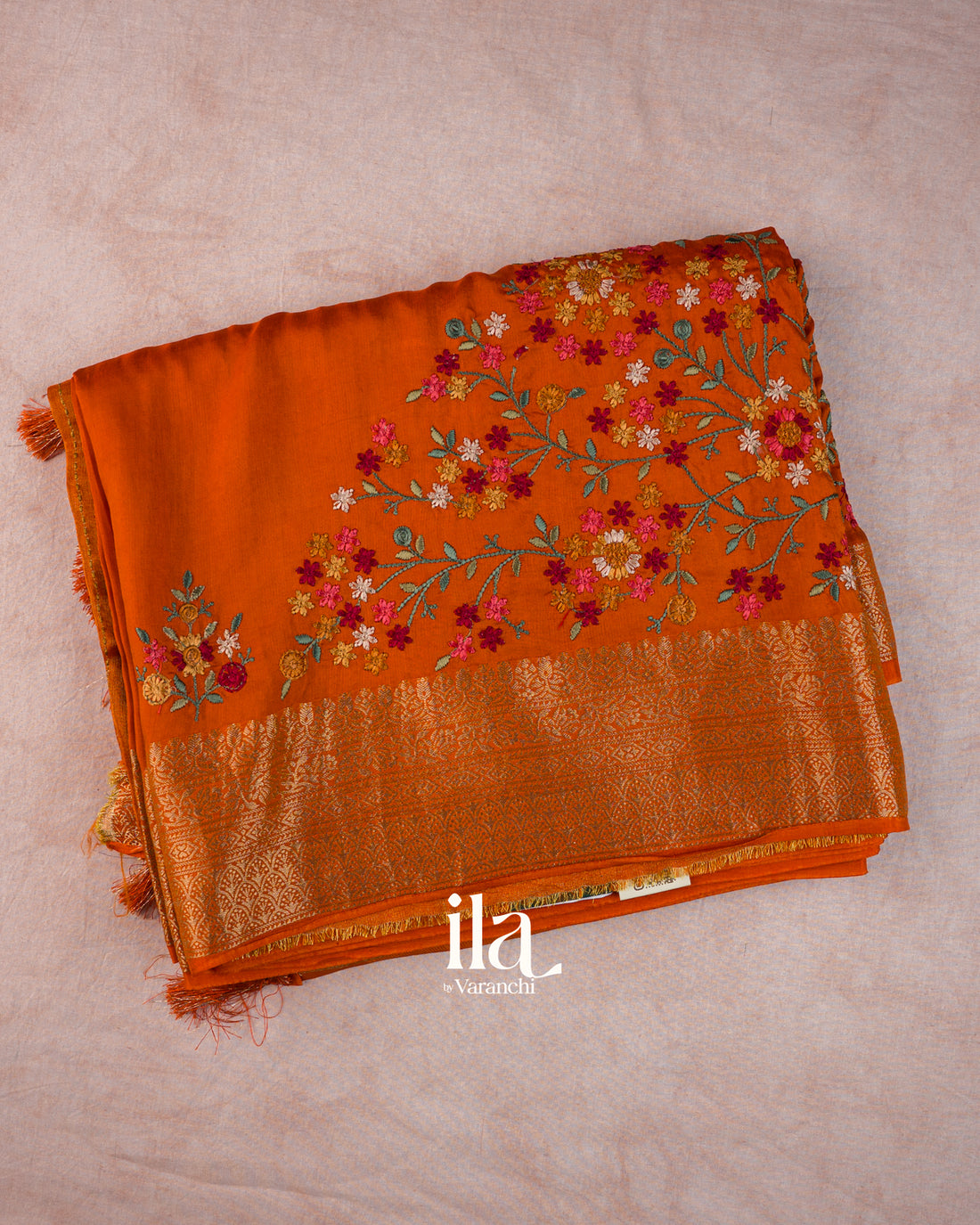 Burnt Orange Floral Embroidery Dola Silk Saree