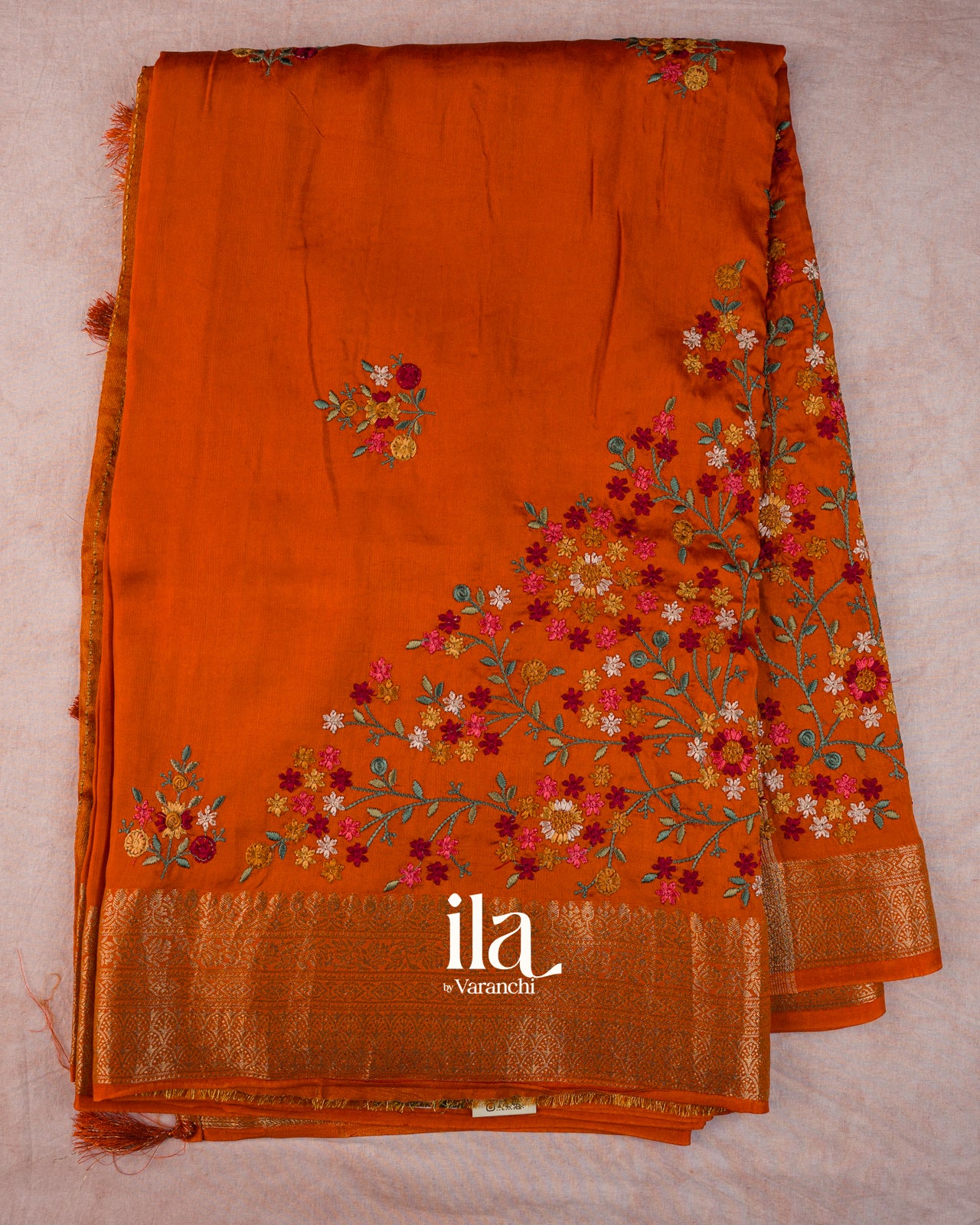 Burnt Orange Floral Embroidery Dola Silk Saree