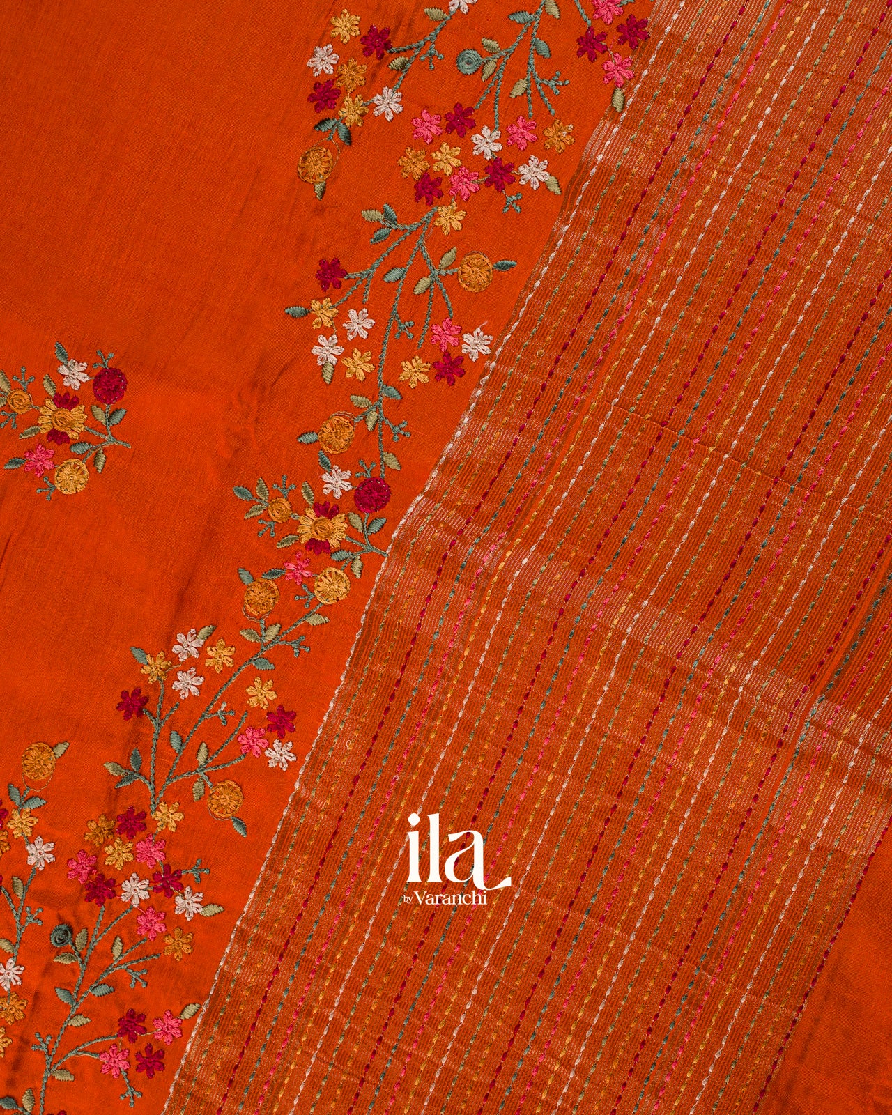 Burnt Orange Floral Embroidery Dola Silk Saree