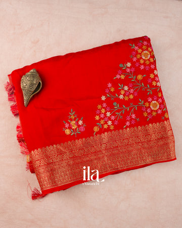 Chilly Red Floral Embroidered Pure Dola Silk Saree