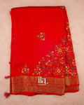 Chilly Red Floral Embroidered Pure Dola Silk Saree