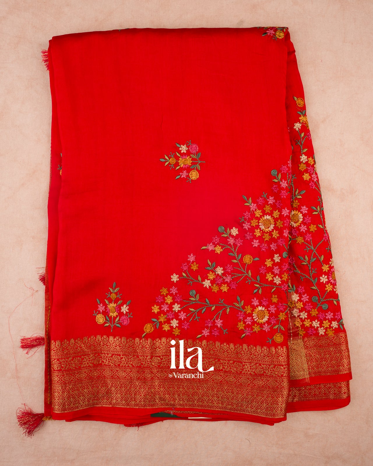 Chilly Red Floral Embroidered Pure Dola Silk Saree