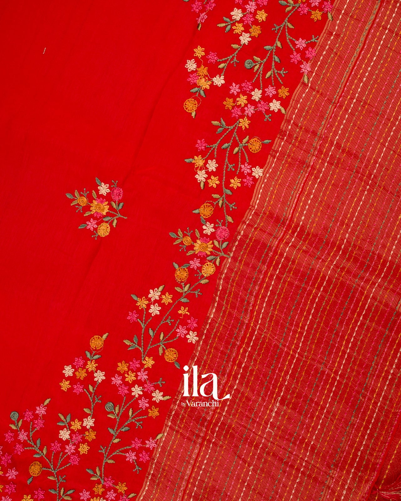 Chilly Red Floral Embroidered Pure Dola Silk Saree