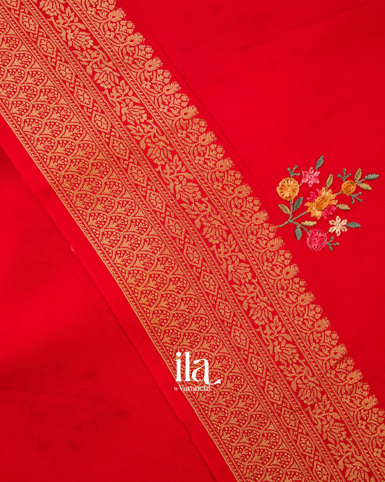 Chilly Red Floral Embroidered Pure Dola Silk Saree