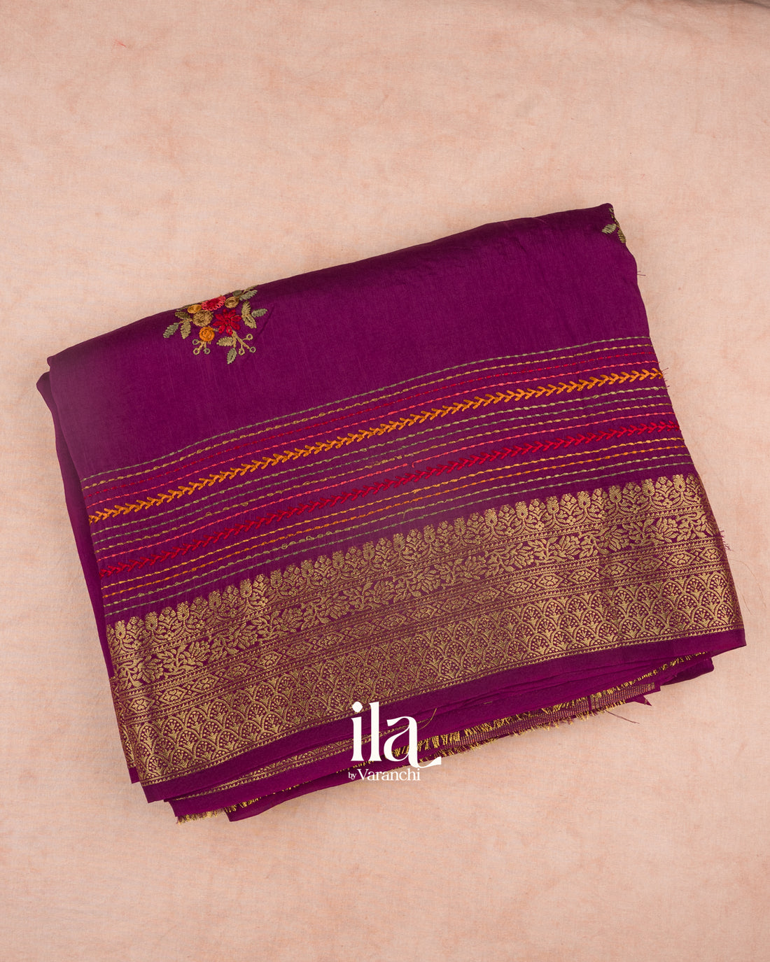 Wine Purple Floral Embroidered Pure Dola Silk Saree