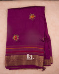 Wine Purple Floral Embroidered Pure Dola Silk Saree