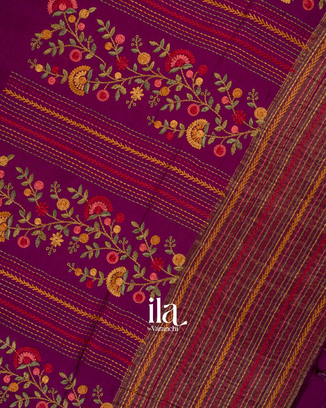 Wine Purple Floral Embroidered Pure Dola Silk Saree