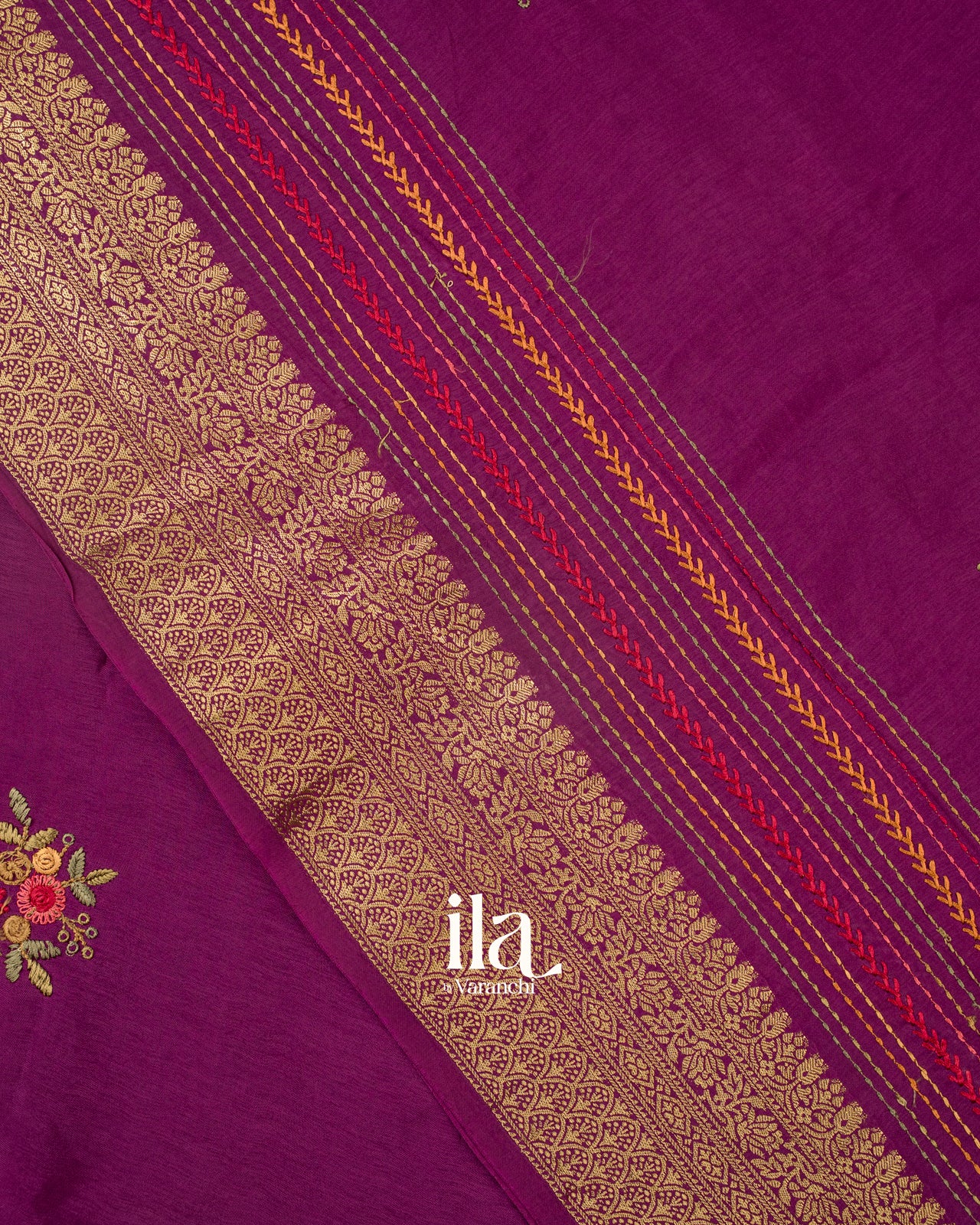 Wine Purple Floral Embroidered Pure Dola Silk Saree