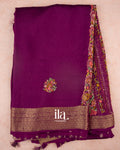 Wine Purple Floral Embroidered Pure Dola Silk Saree