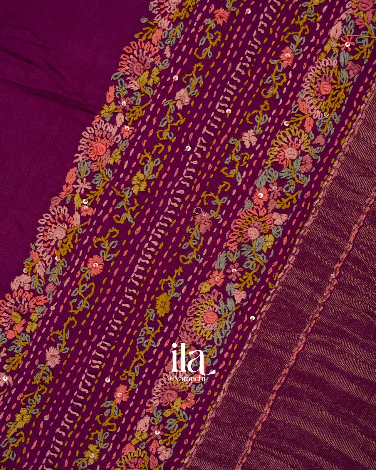 Wine Purple Floral Embroidered Pure Dola Silk Saree