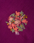 Wine Purple Floral Embroidered Pure Dola Silk Saree