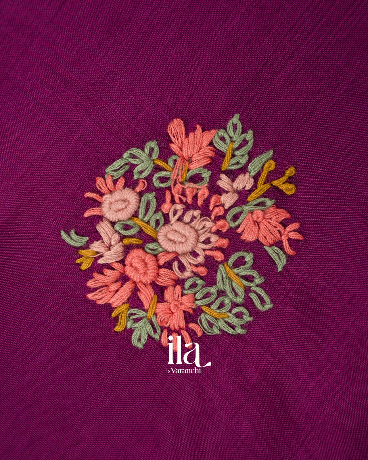Wine Purple Floral Embroidered Pure Dola Silk Saree