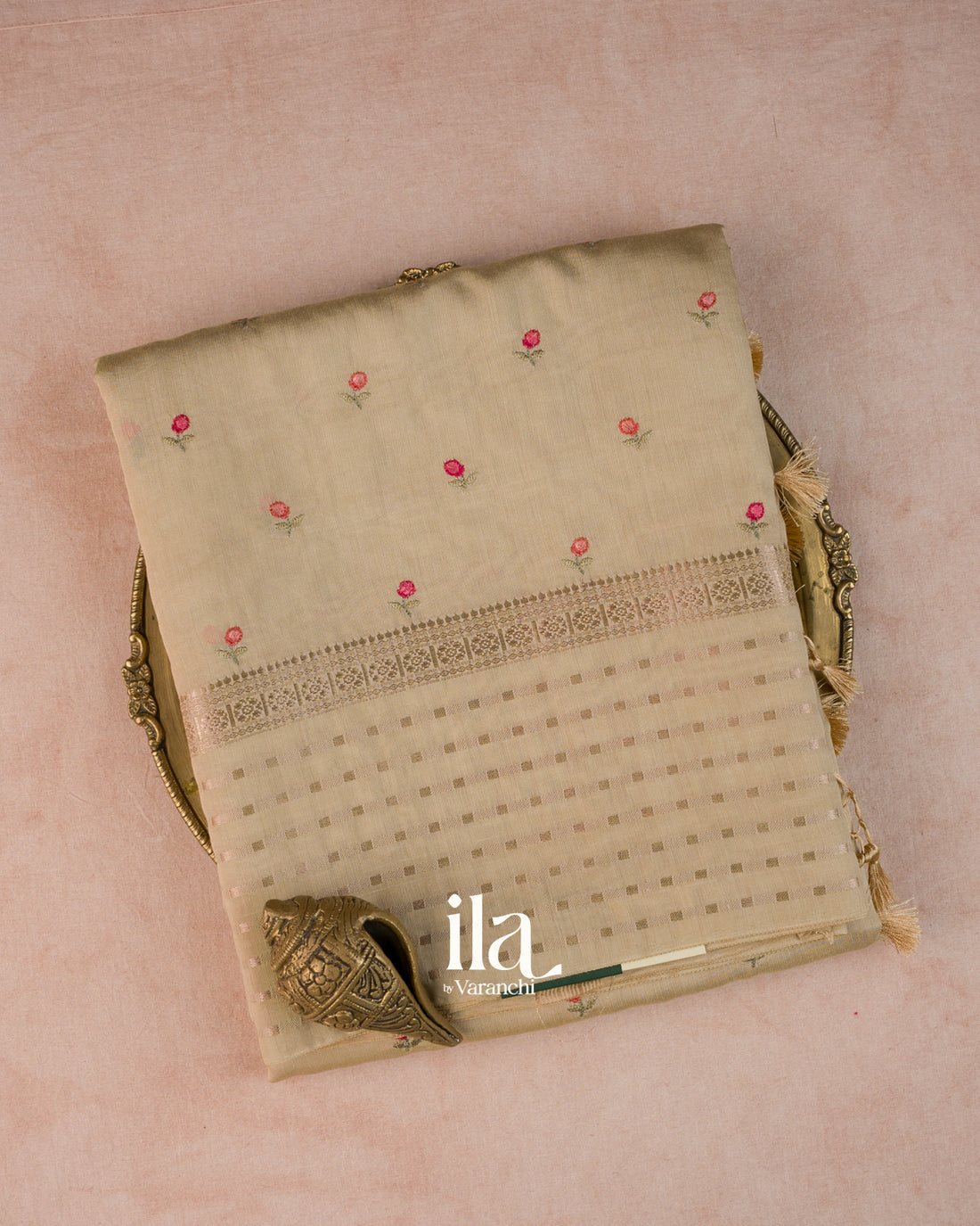 Ivory Floral Embroidered Assam Silk Saree