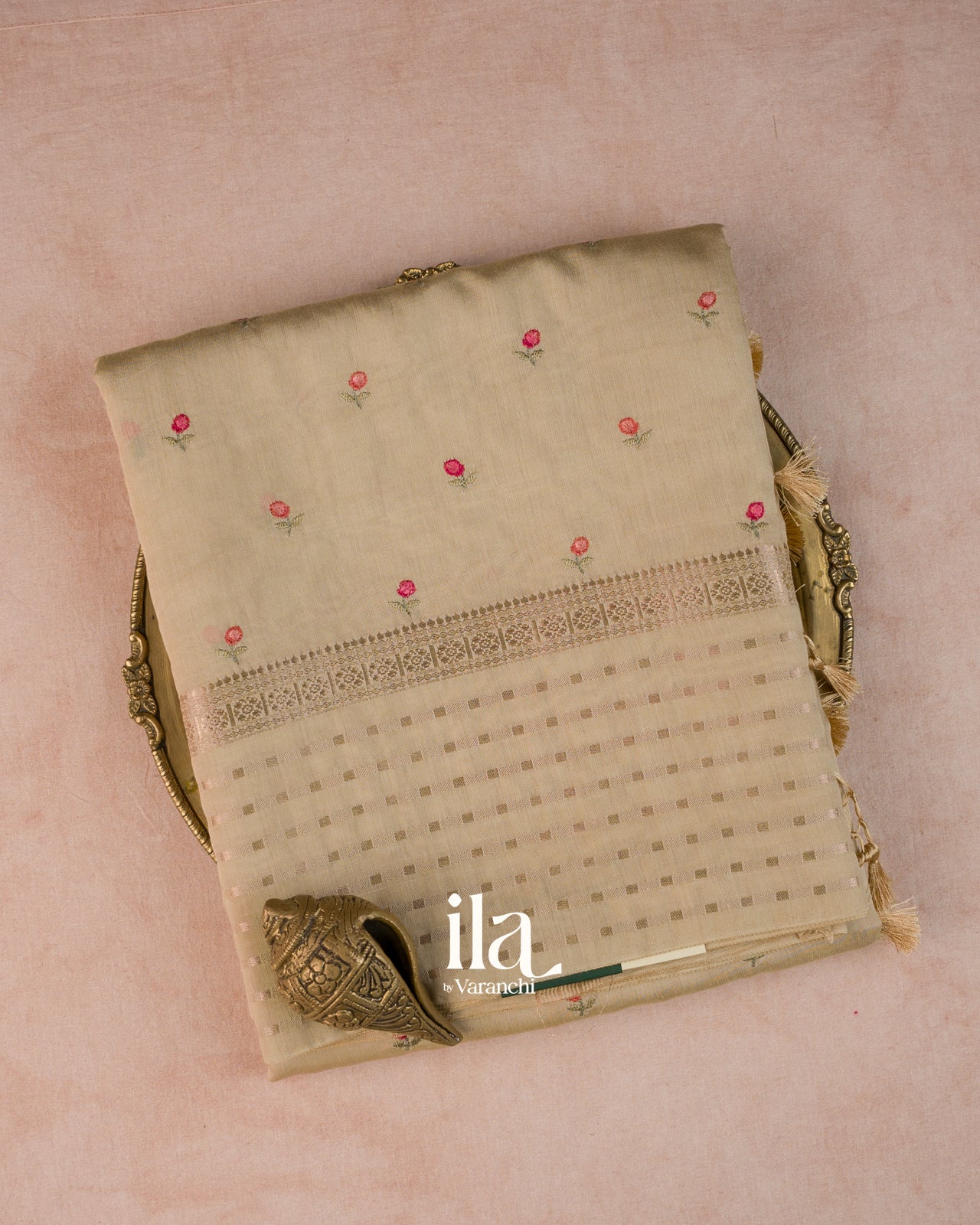 Ivory Floral Embroidered Assam Silk Saree