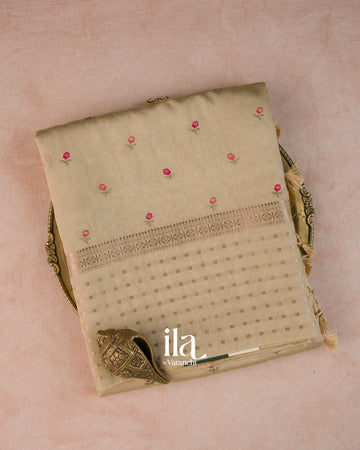 Ivory Floral Embroidered Assam Silk Saree