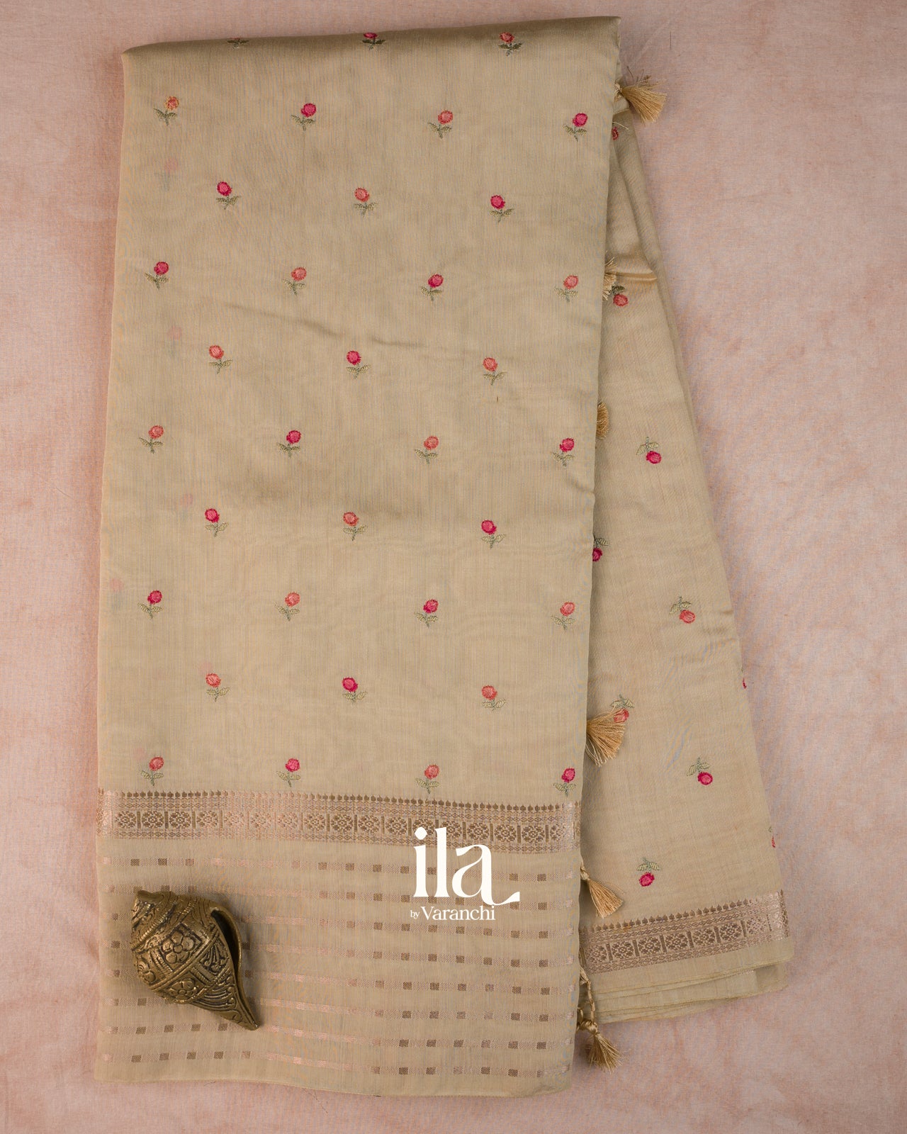Ivory Floral Embroidered Assam Silk Saree