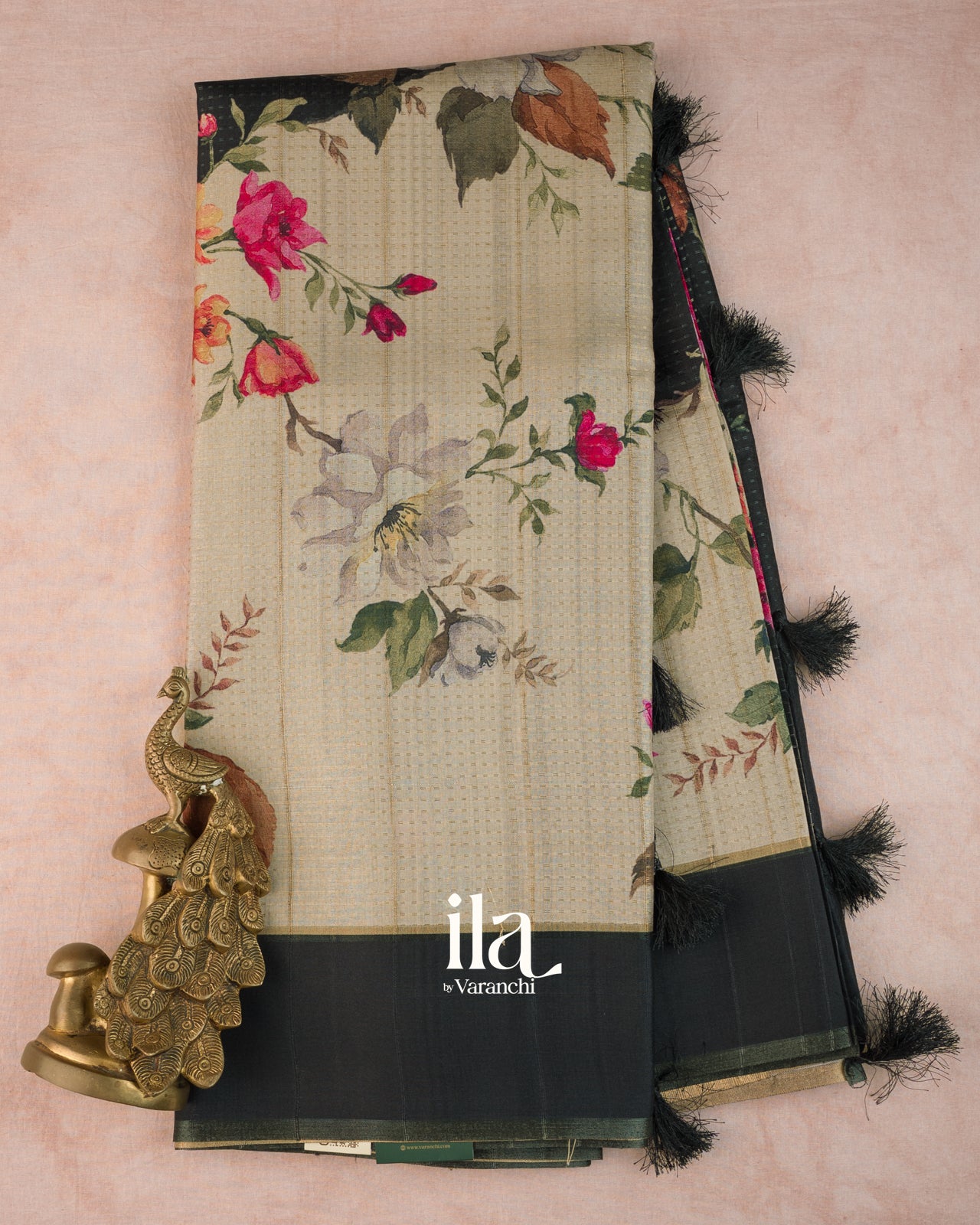 Ivory Floral Digital Printed Semi Tussar Saree