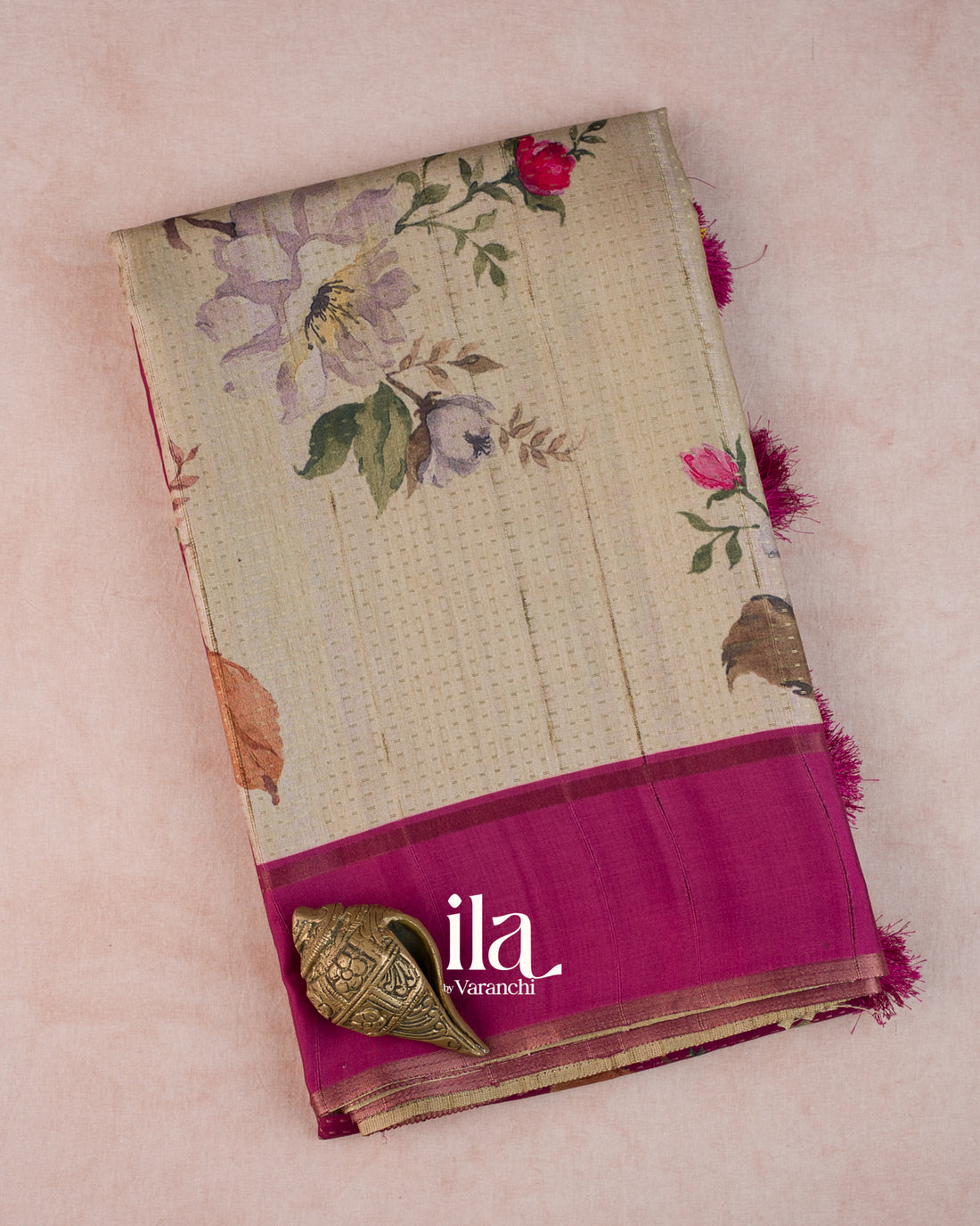 Ivory Floral Printed Semi Tussar Saree