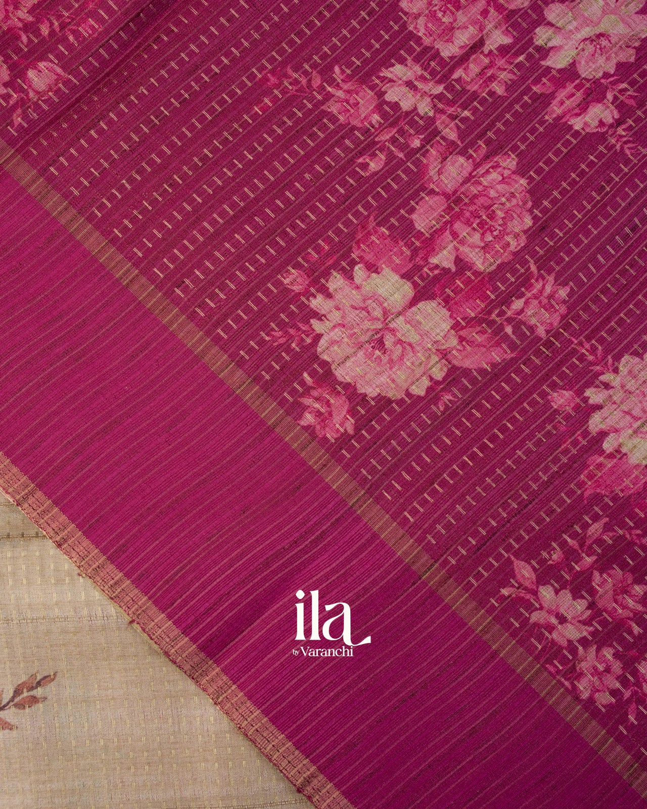 Ivory Floral Printed Semi Tussar Saree