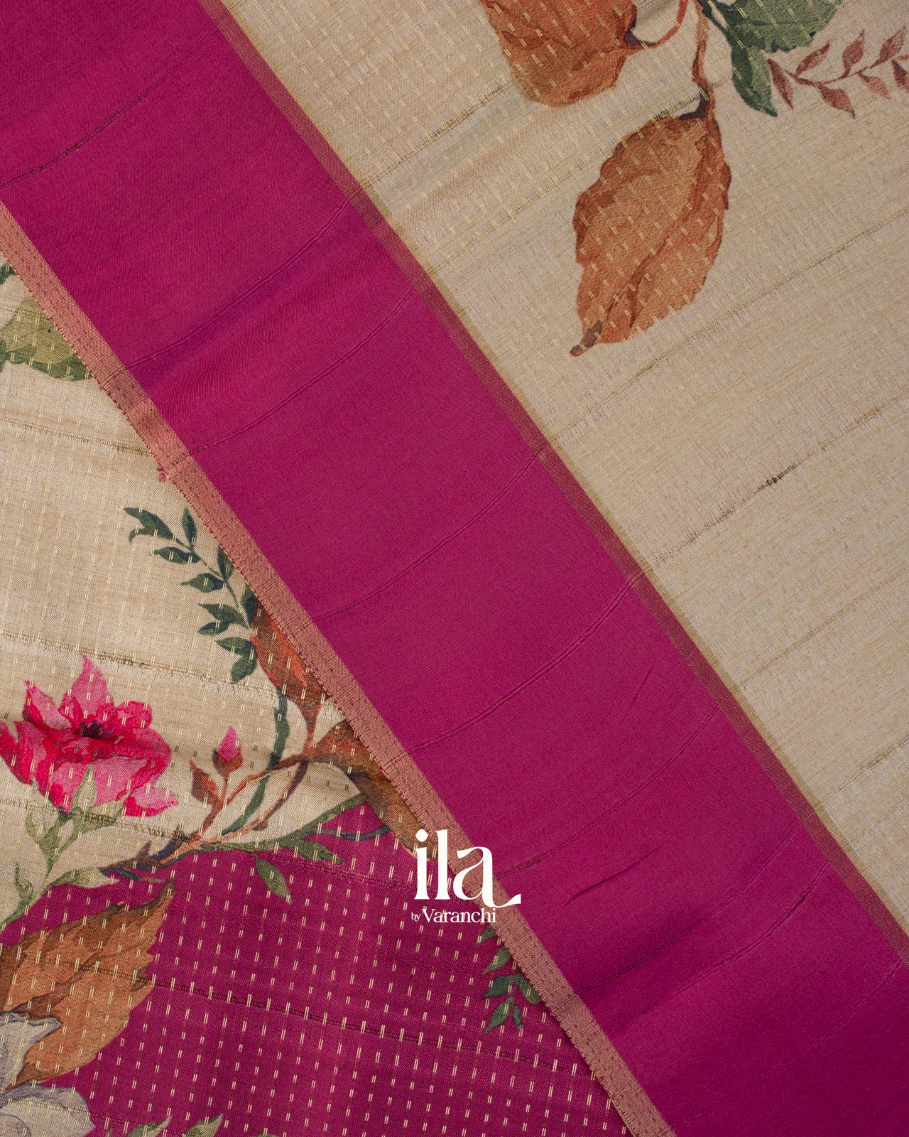 Ivory Floral Printed Semi Tussar Saree