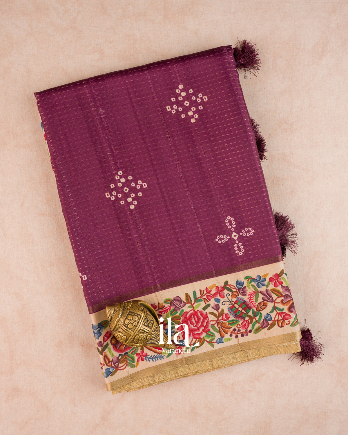 Wine Purple Printed Semi Tussar Silk Saree — Folded